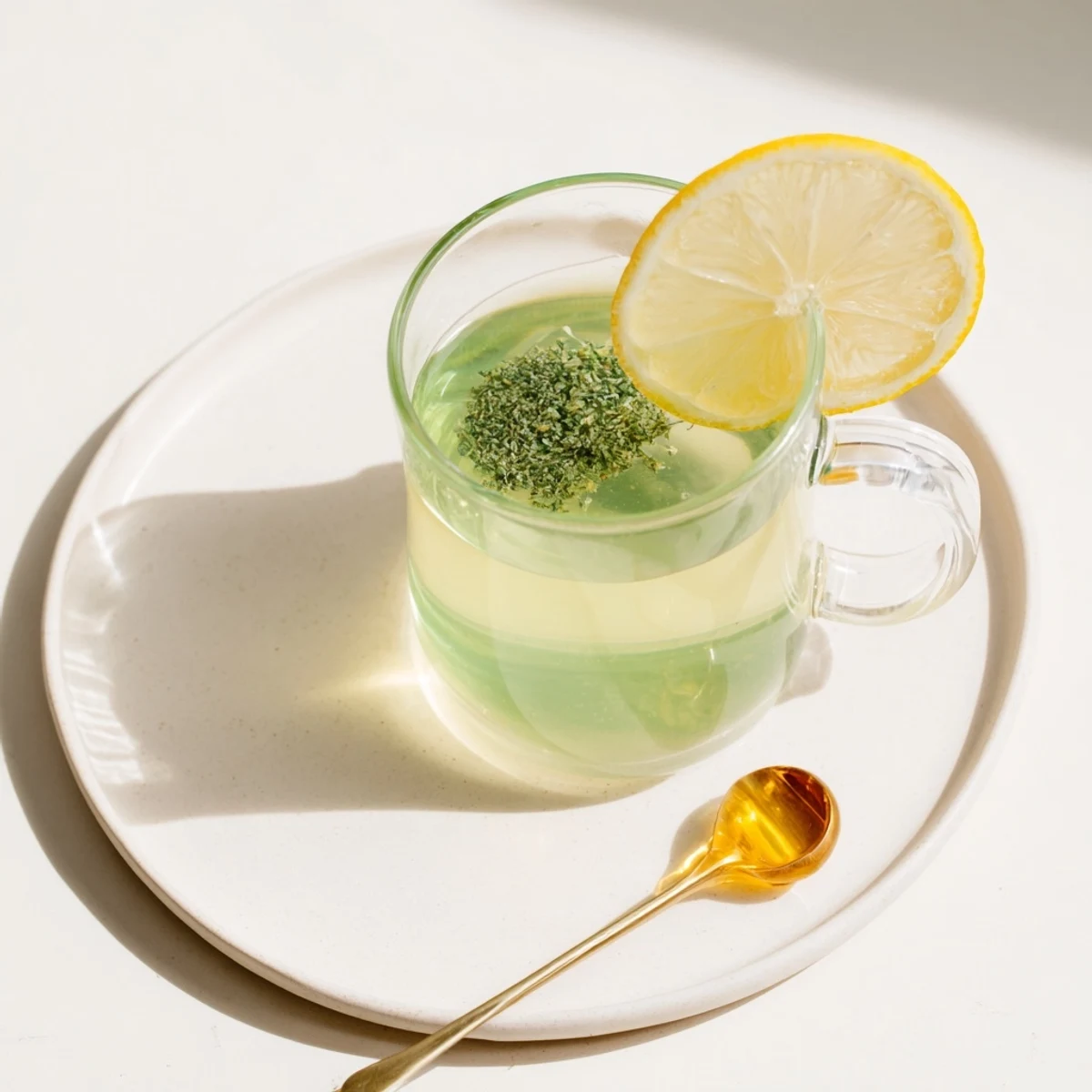 Fragrant, hot peppermint tea served with a lemon slice; imagine the refreshing, minty aroma filling the air.