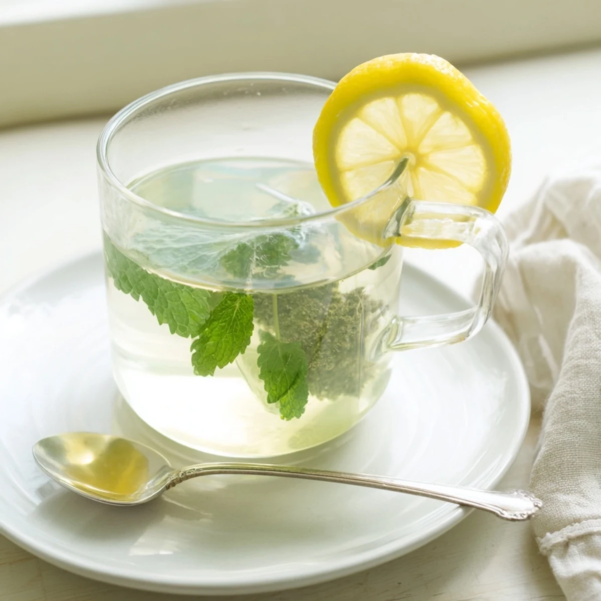 Enjoy a warm cup of peppermint tea, its clear liquid swirling, a delicious, caffeine-free beverage option.