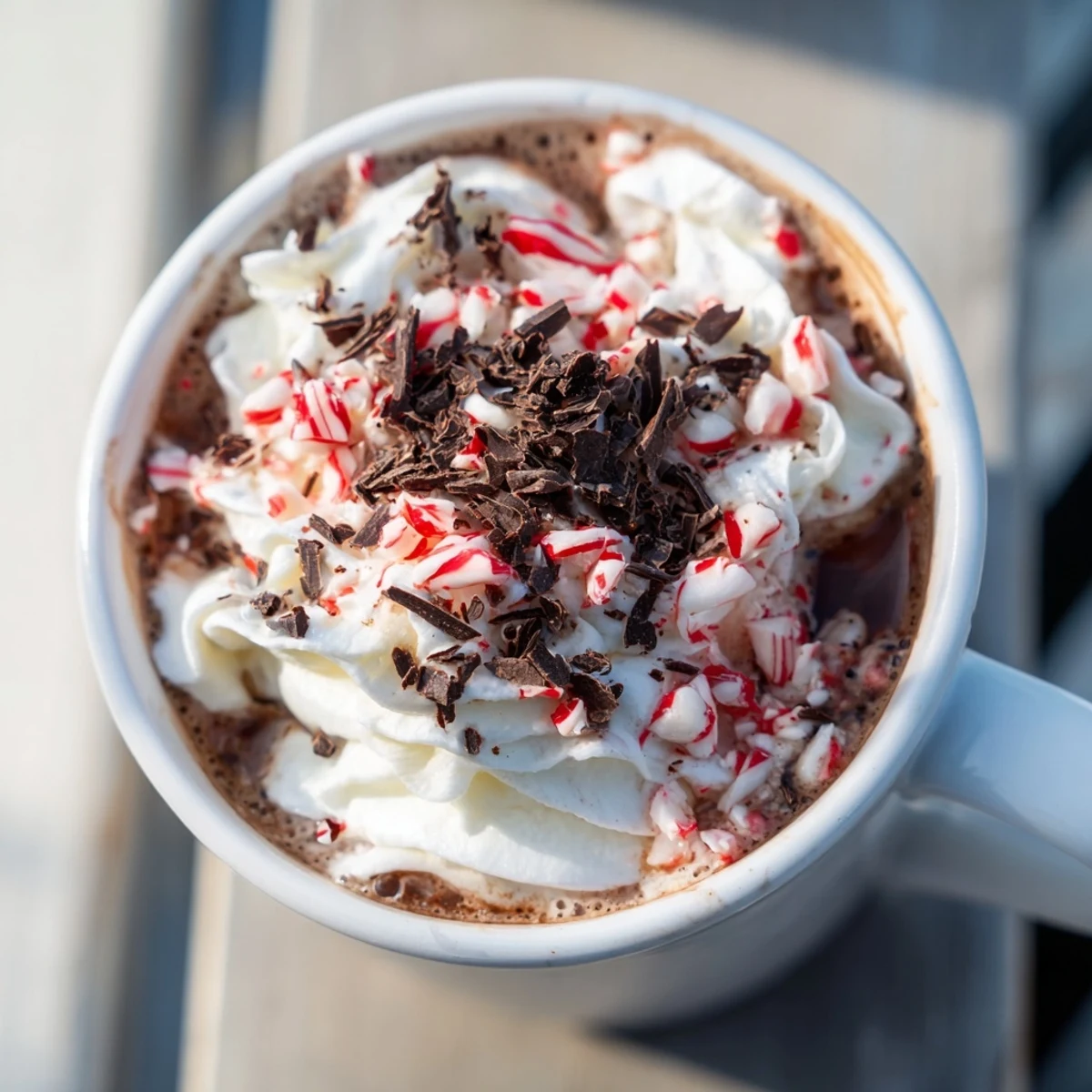 Steaming, rich Peppermint Mocha Latte topped with whipped cream and crushed peppermint candies, so inviting.