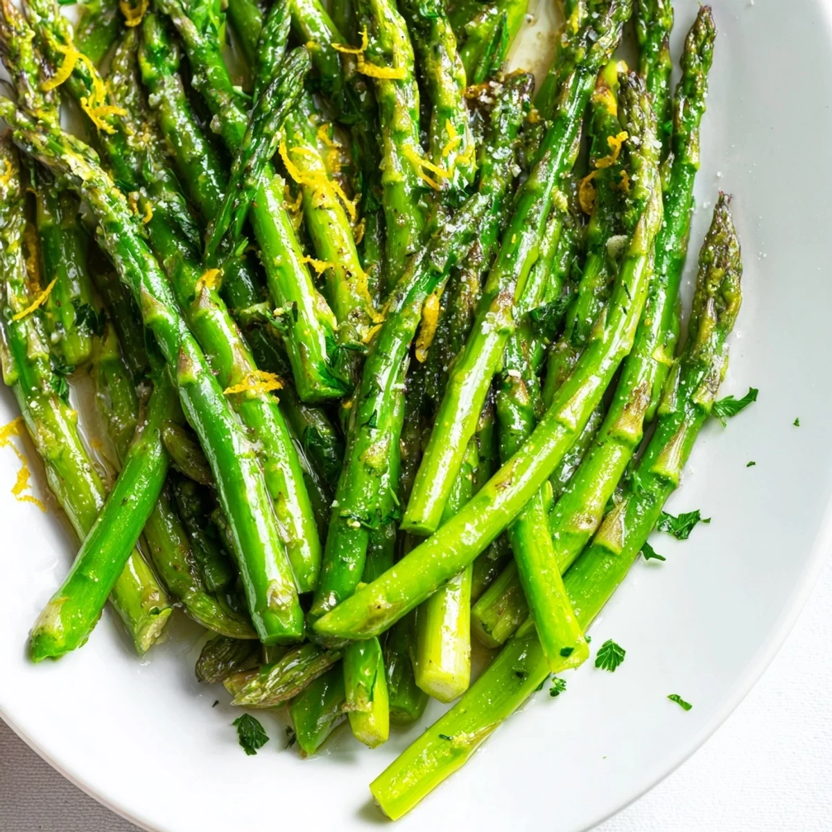 Bright green lemon garlic asparagus ready to serve next to a beautiful entrée.