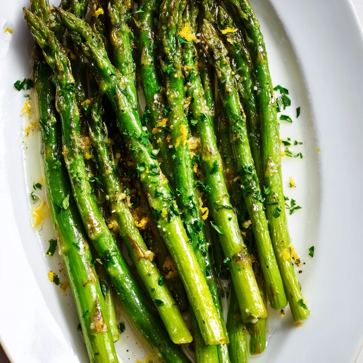 Sizzling lemon garlic asparagus with garlic aroma and bright yellow lemon zest.