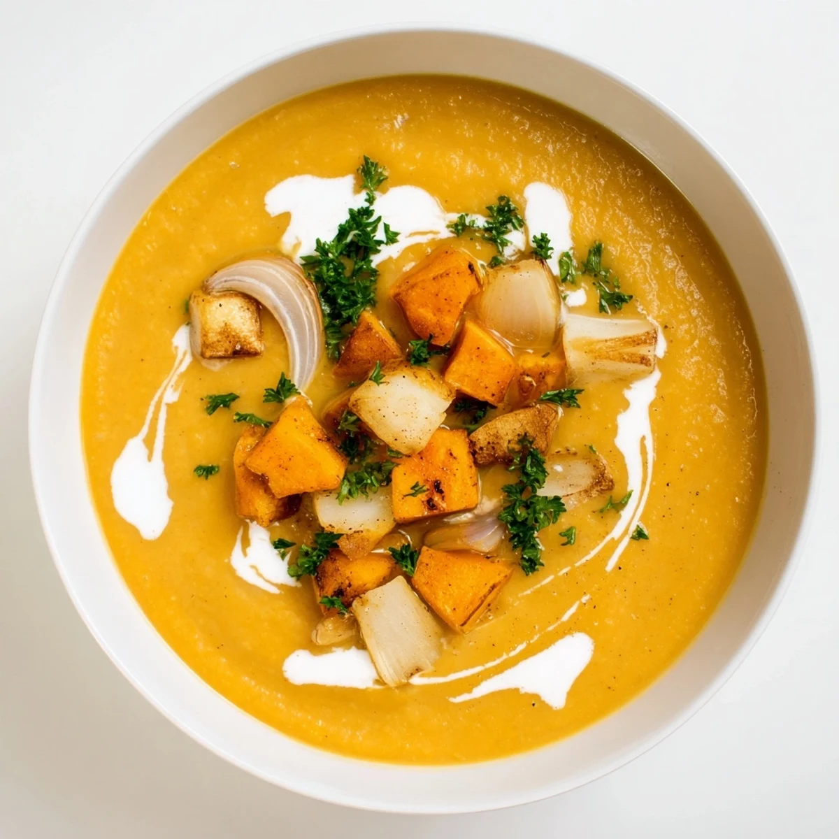 Golden roasted root vegetables blended into a smooth, flavorful Roasted Root Vegetable Soup, ready to enjoy.