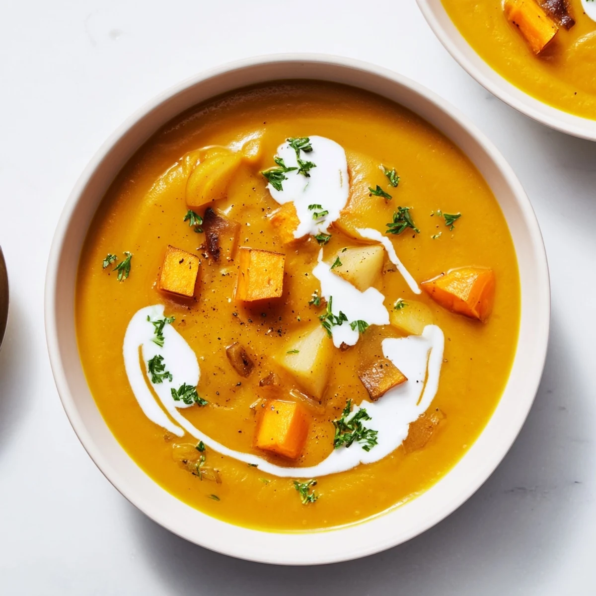 Warm and comforting: A steaming bowl of Roasted Root Vegetable Soup, perfect for a cozy, delicious dinner.