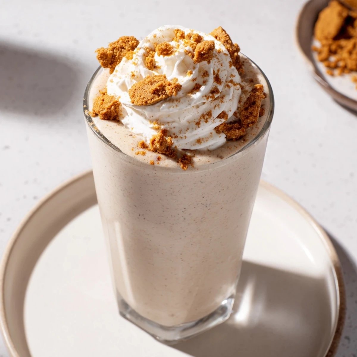 A thick and frothy gingerbread smoothie, showcasing warm spices and appealing texture.