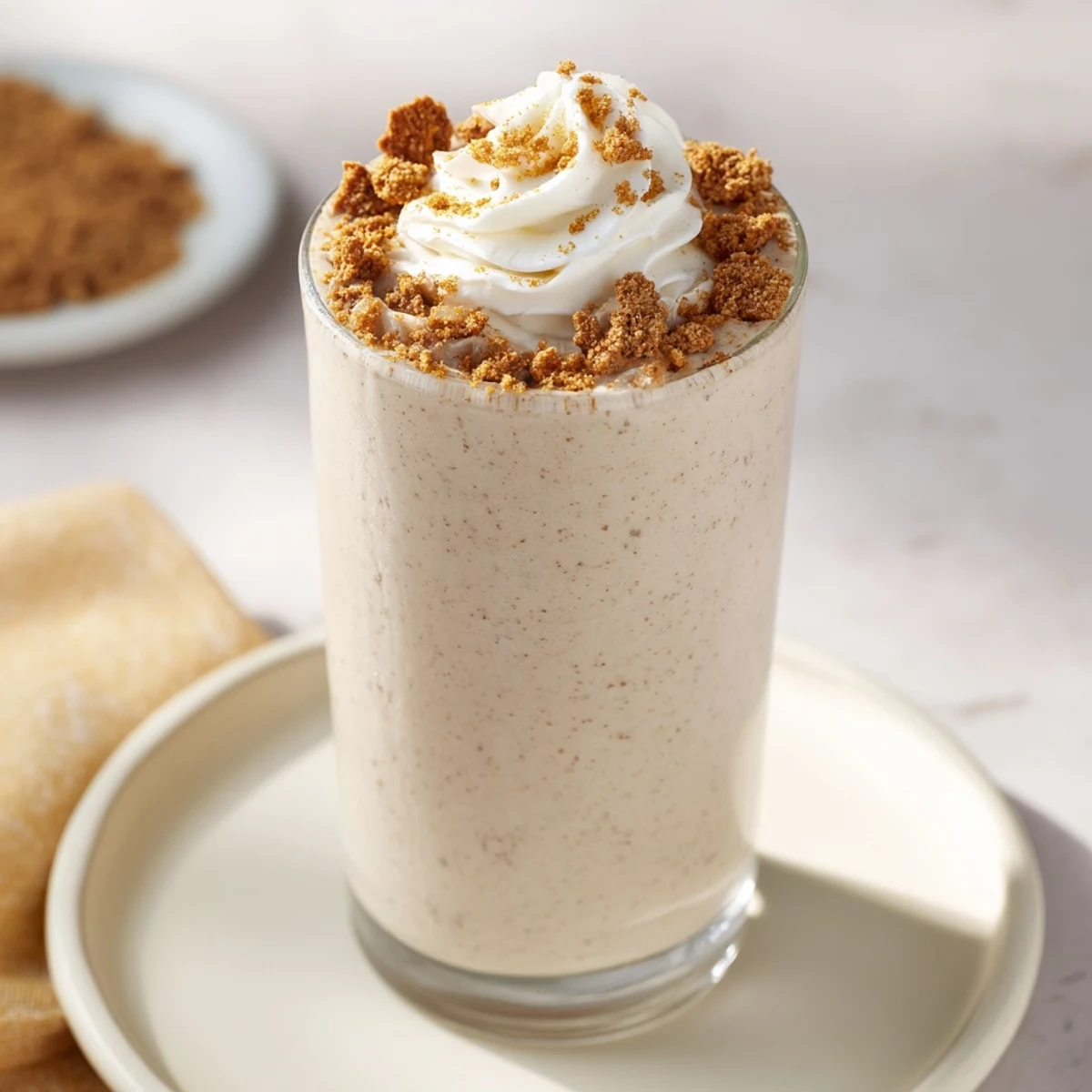 Served in a clear glass: a delightful gingerbread smoothie, perfect for a breakfast treat.
