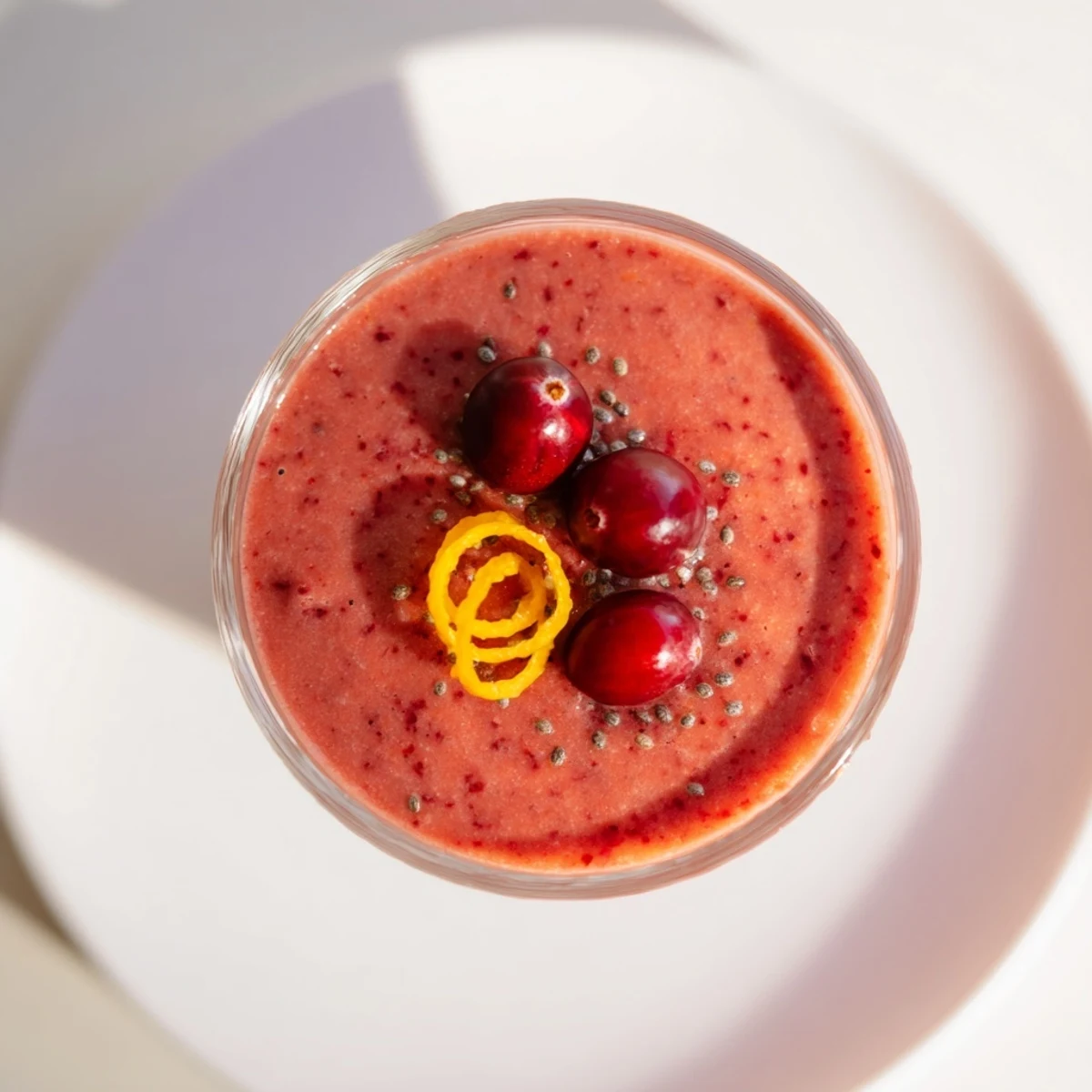 Creamy, blended cranberry orange smoothie, with frosty condensation, perfect for breakfast or snack time.