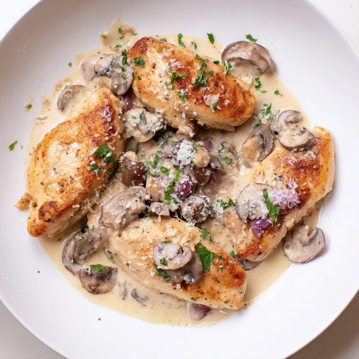 Imagine tender Creamy Mushroom Chicken: seared chicken with a creamy mushroom gravy, perfect for a cozy meal.