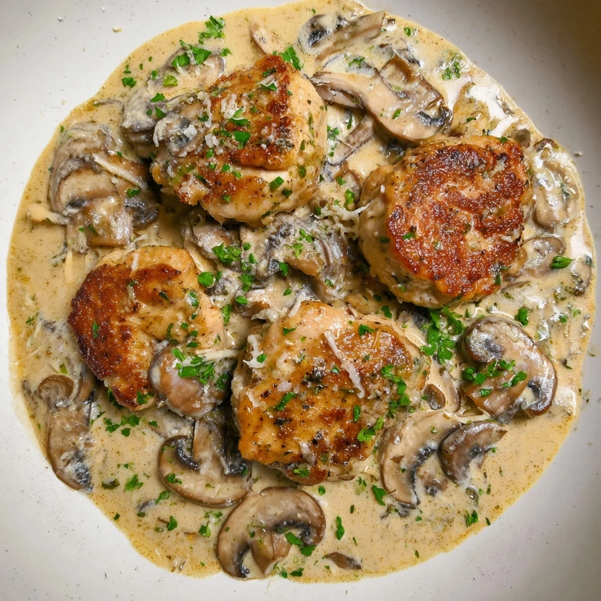Golden-brown Creamy Mushroom Chicken served in a rich, velvety sauce with fresh parsley garnish.