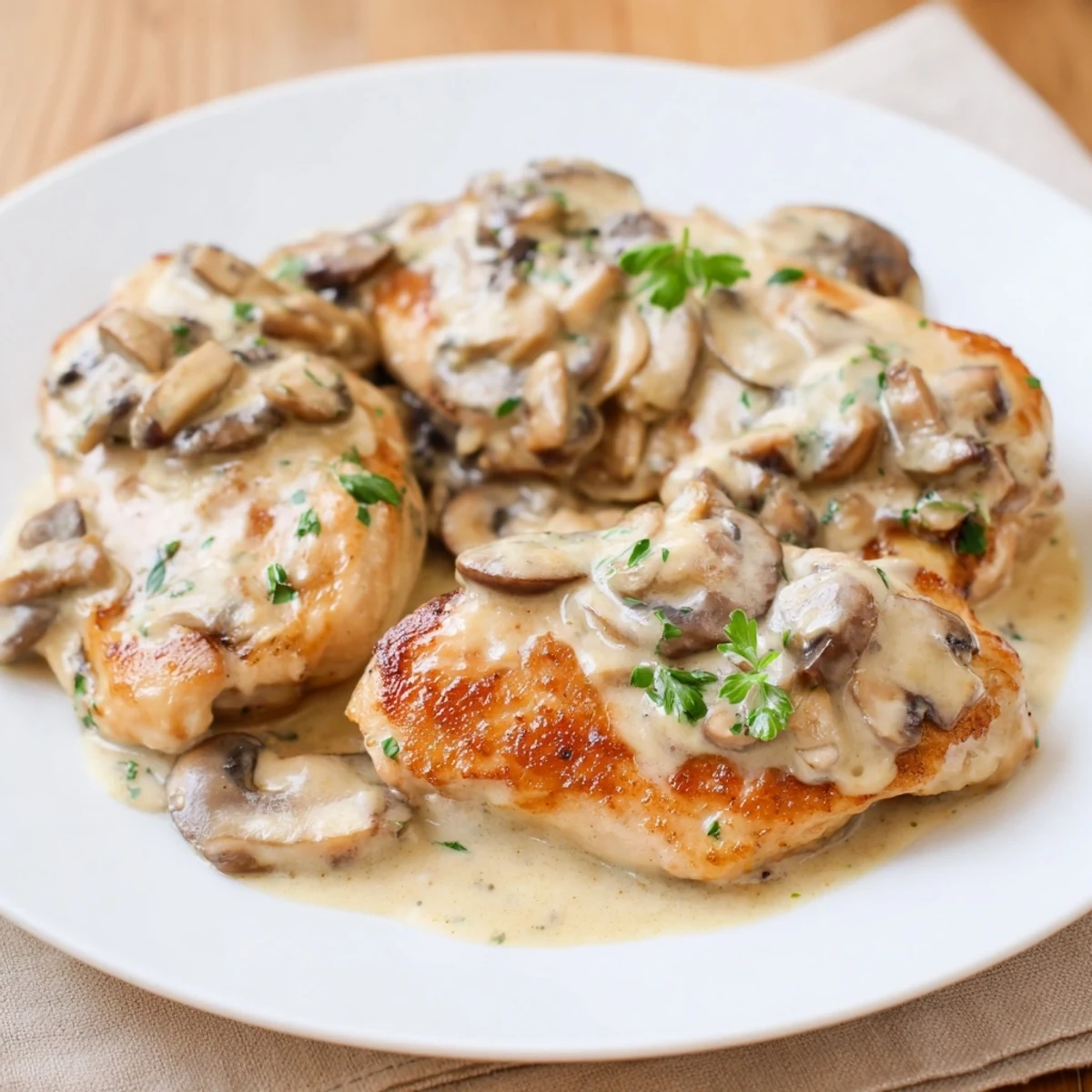 A close-up of a skillet brimming with Creamy Mushroom Chicken, smelling of garlic and herbs.