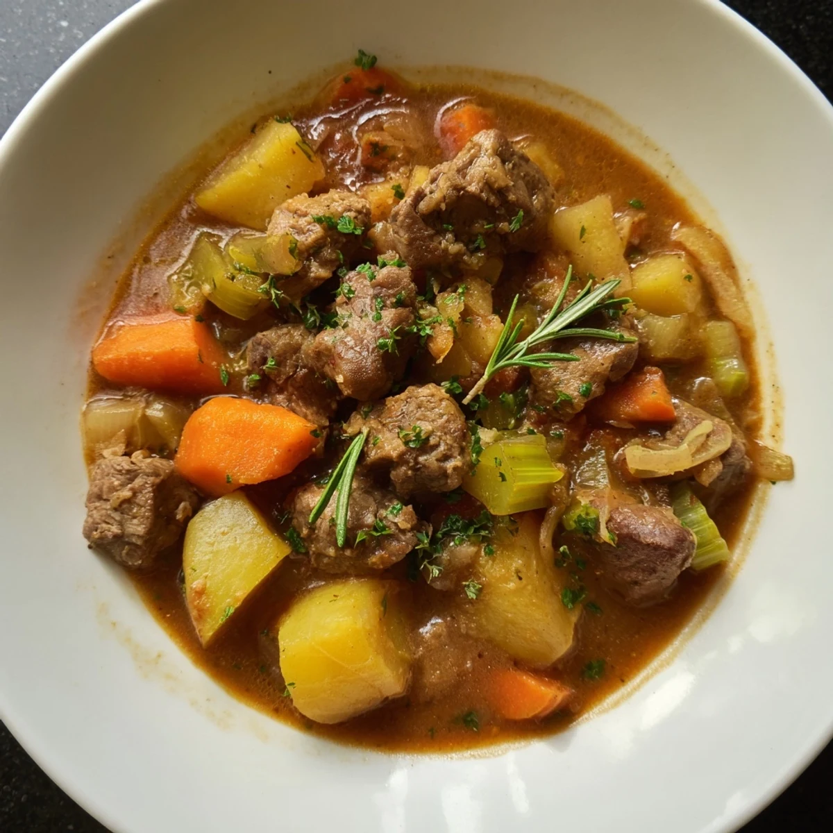 Steaming bowl of savory lamb stew, filled with tender meat and root vegetables, ready to eat.