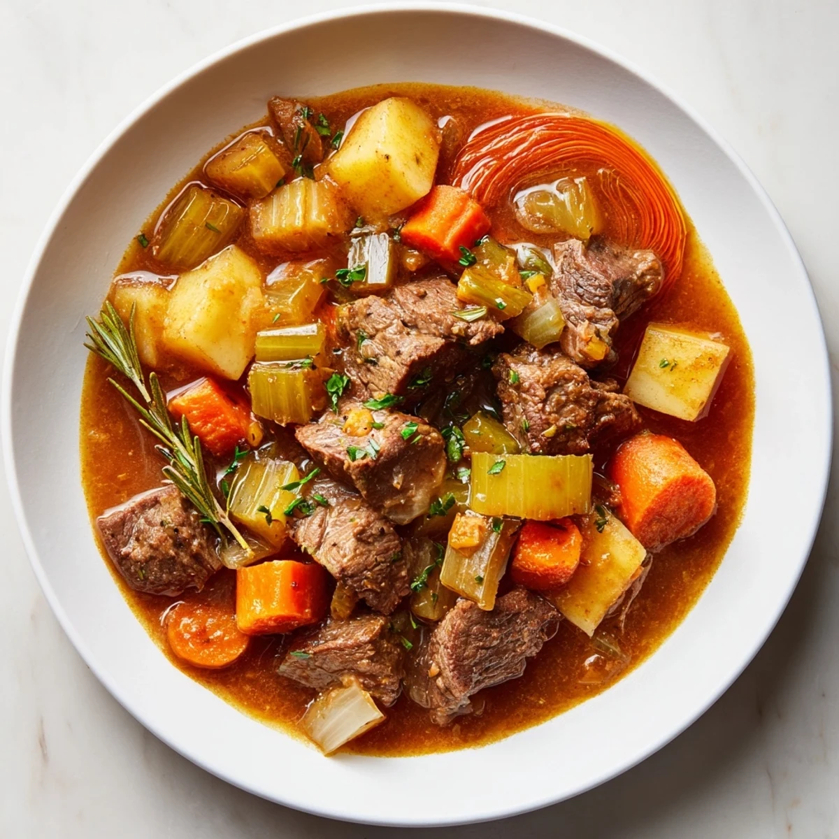 Hearty and flavorful savory lamb stew, bubbling in a Dutch oven, perfect for a cozy dinner.