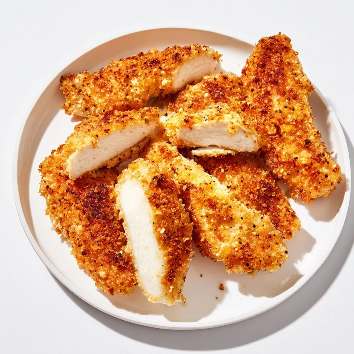 Golden Baked Parmesan Chicken Tenders, crispy and delicious, ready to dip in marinara sauce.