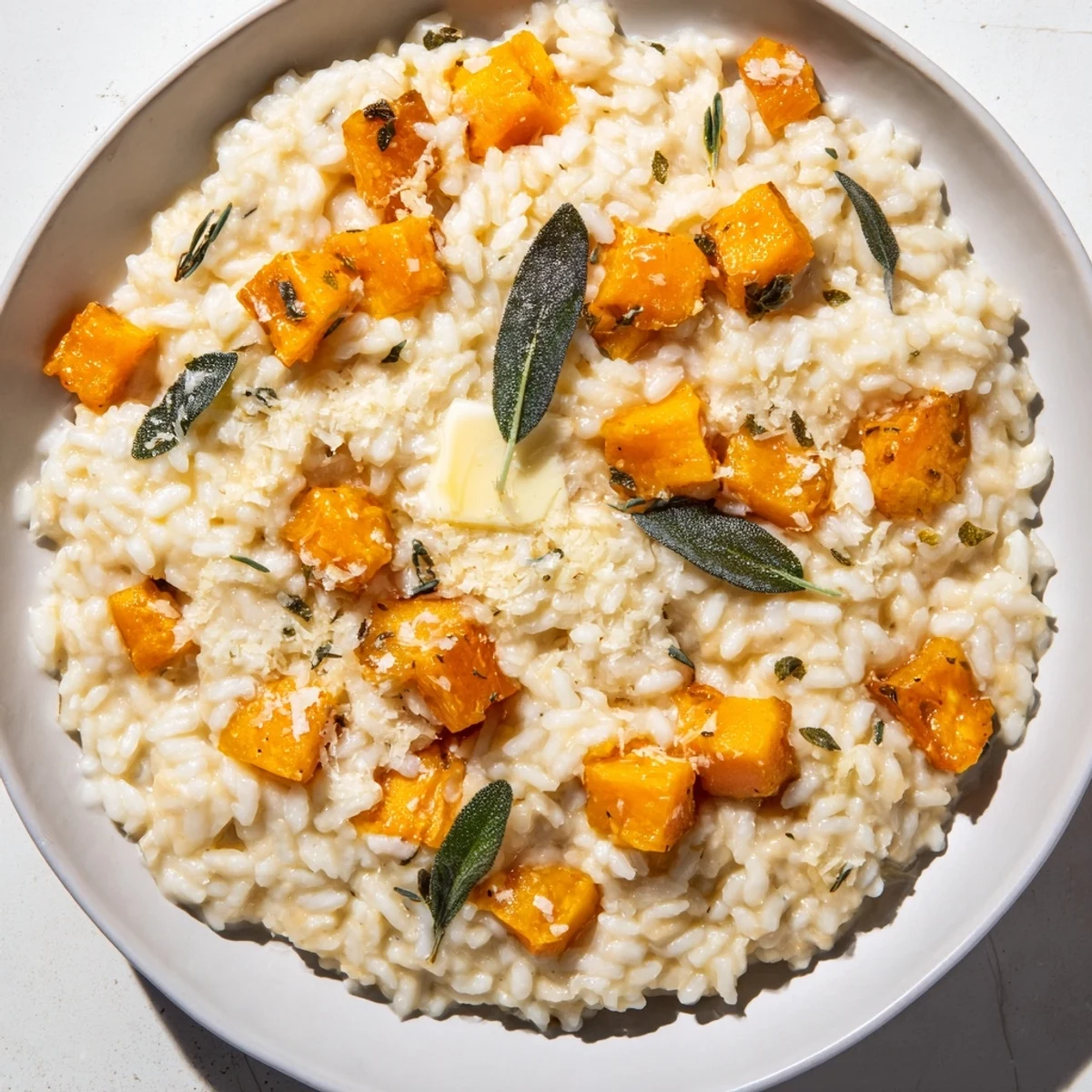 Golden butternut squash risotto with fresh sage, a creamy Italian classic ready to serve.