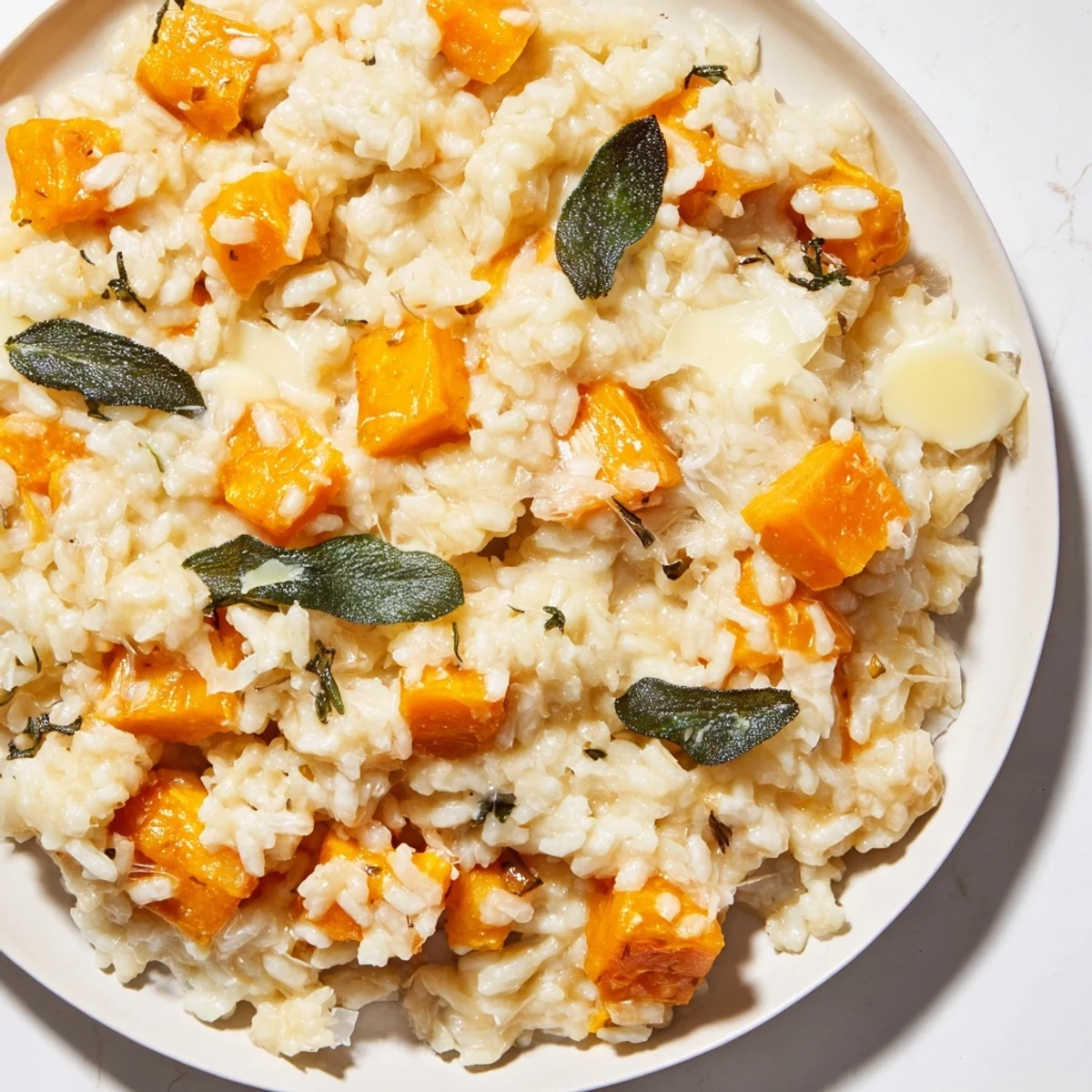 A warm bowl of butternut squash risotto, garnished with fresh sage, offering comforting flavors.