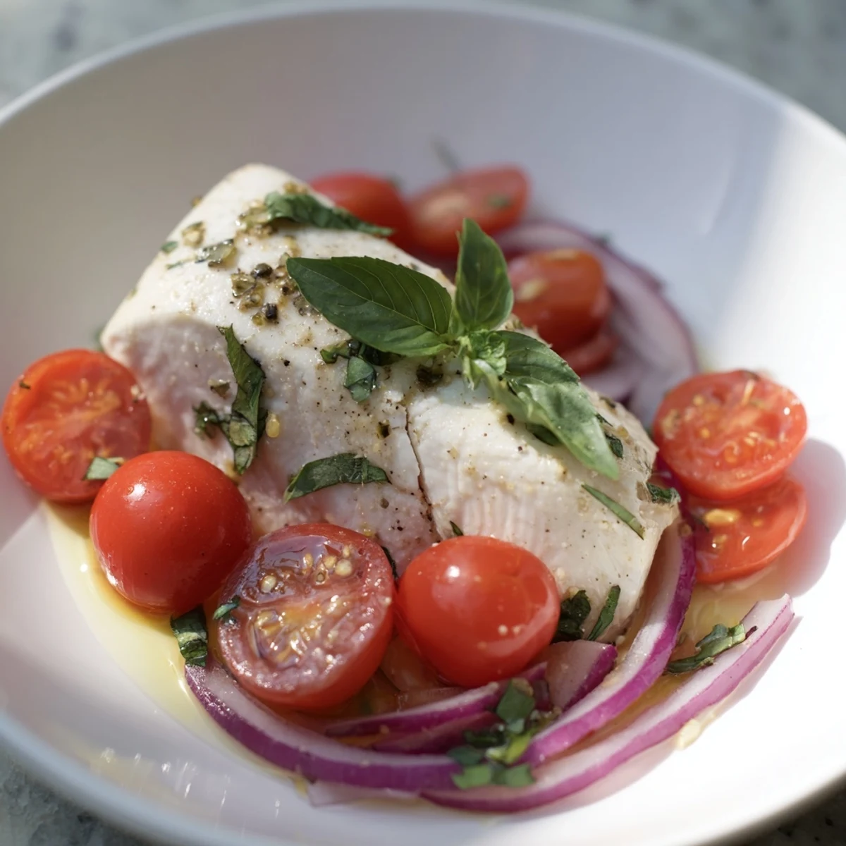 Baked Halibut with Cherry Tomatoes, glistening with olive oil, is ready to be served.