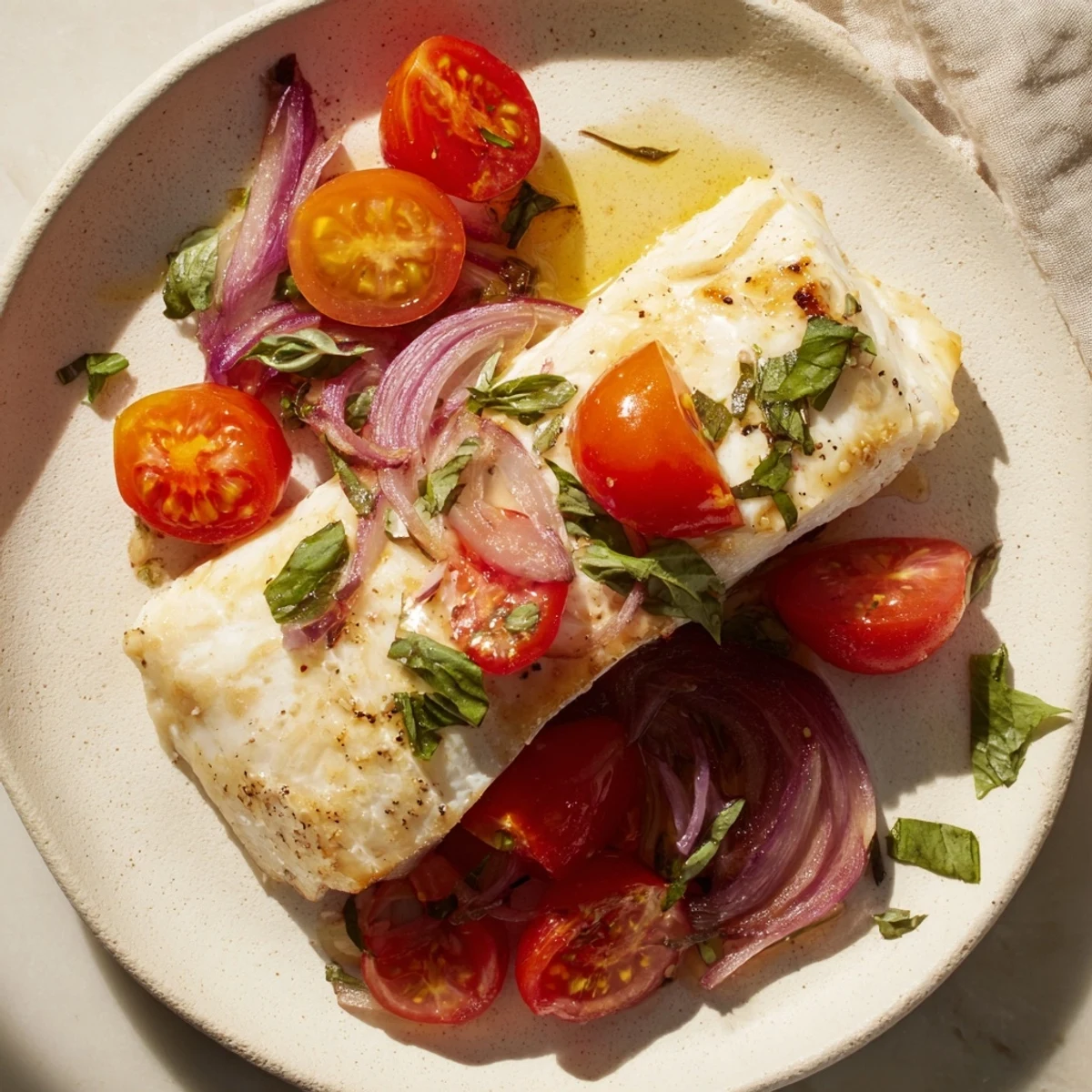 Flaky Baked Halibut with Cherry Tomatoes, garnished with basil & lemon, perfect for a weeknight meal.