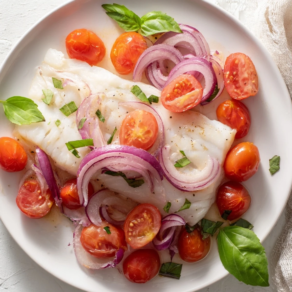 Fragrant Baked Halibut with Cherry Tomatoes, fresh herbs, and bursting tomatoes in a baking dish.