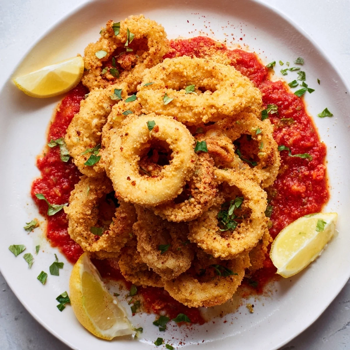Close-up of perfectly fried calamari rings, a classic appetizer with dipping marinara, a delightful crunch.