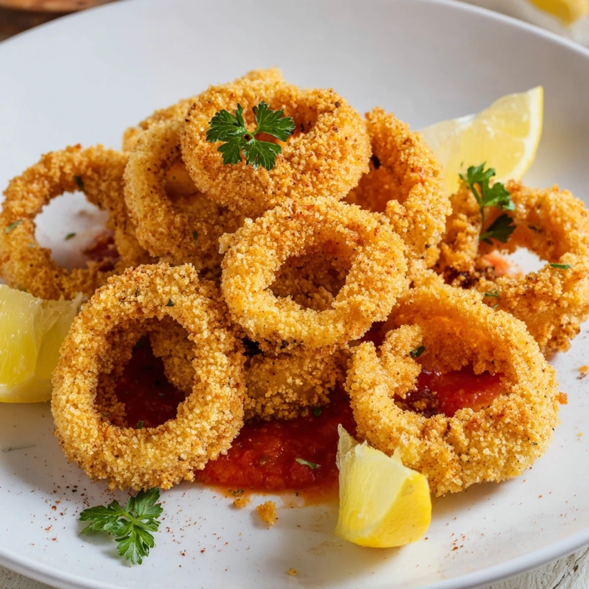 Delicious crispy fried calamari with lemon wedges, alongside a bowl of marinara, perfect for sharing.