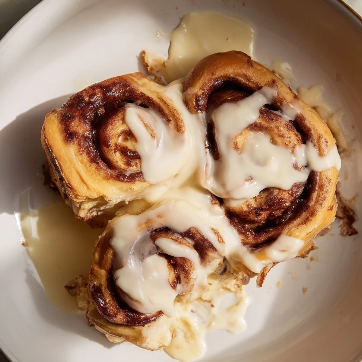 Close-up of a delicious cinnamon roll casserole, drizzled with vanilla icing for a sweet treat.