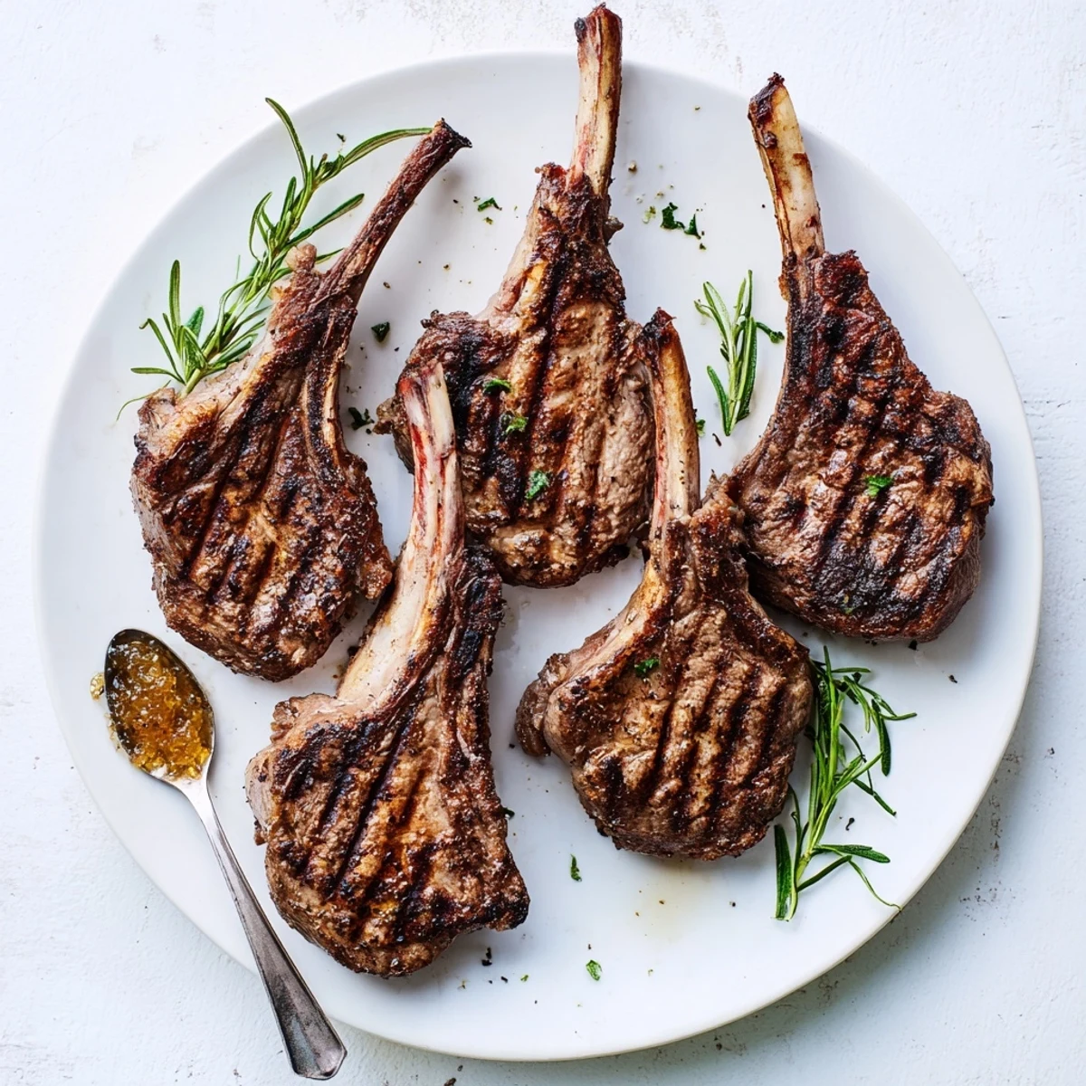 Grilled lamb chops glistening on a plate, alongside vibrant homemade mint jelly, ready to serve.
