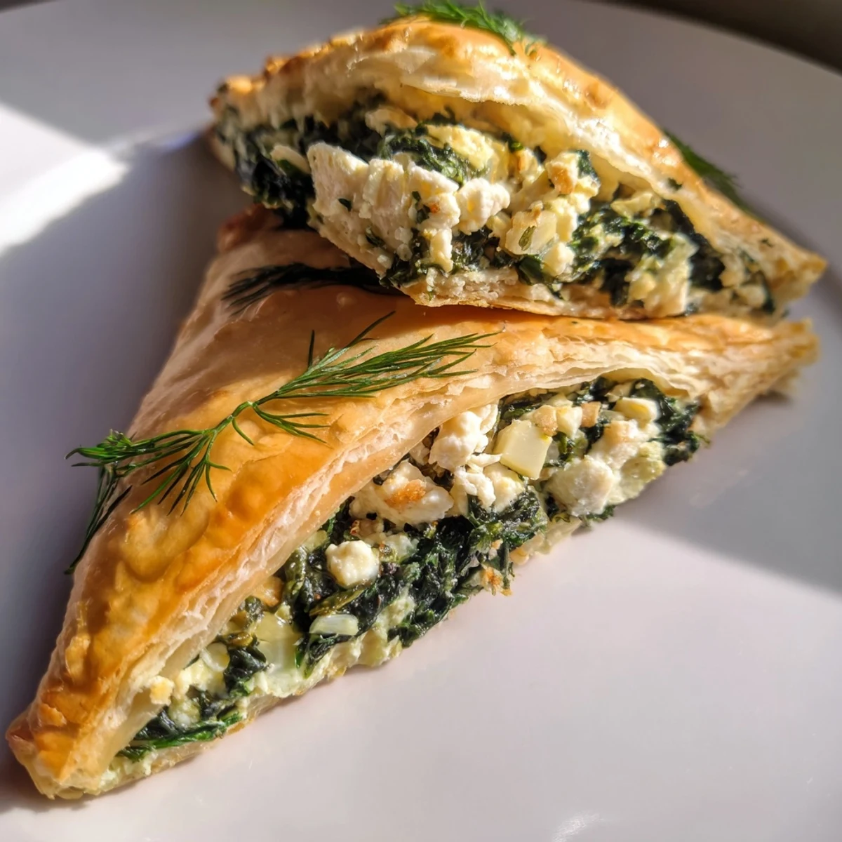 Close-up of baked spinach and feta pastries; the golden crust hints at savory, herb-filled goodness.