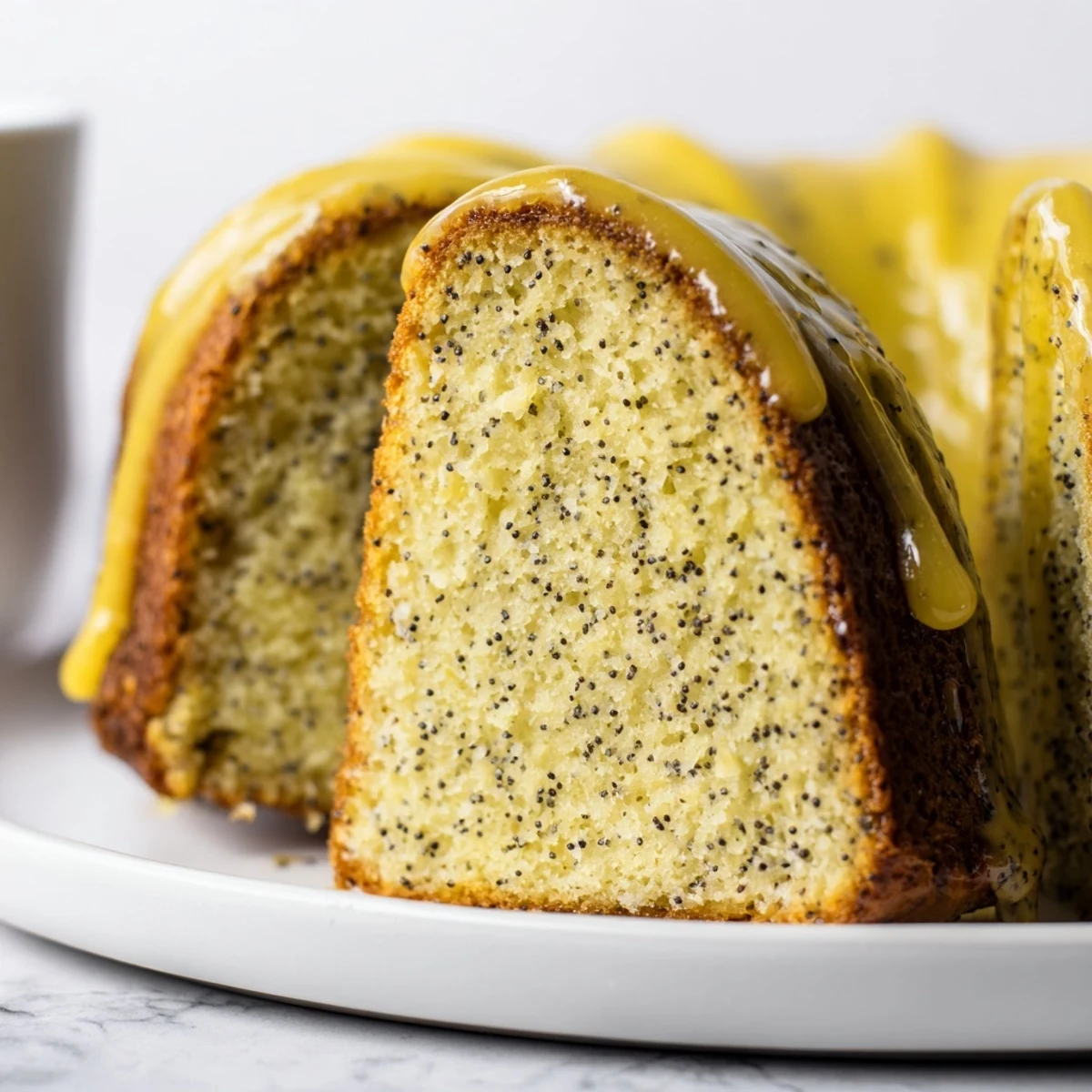 A golden Lemon Poppy Seed Bundt Cake, drizzled with sweet lemon glaze, ready to serve and enjoy.