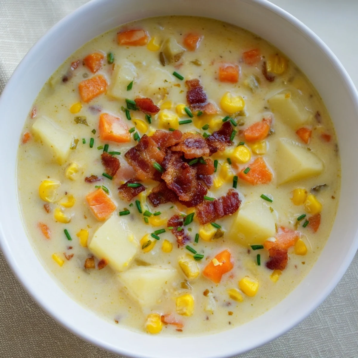 Thick and creamy Creamy Corn and Potato Chowder, showcasing the golden corn kernels and potatoes.