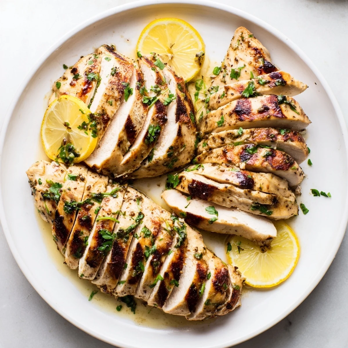 Tender lemon herb grilled chicken breast, beautifully charred and glistening, ready to serve with fresh herbs.
