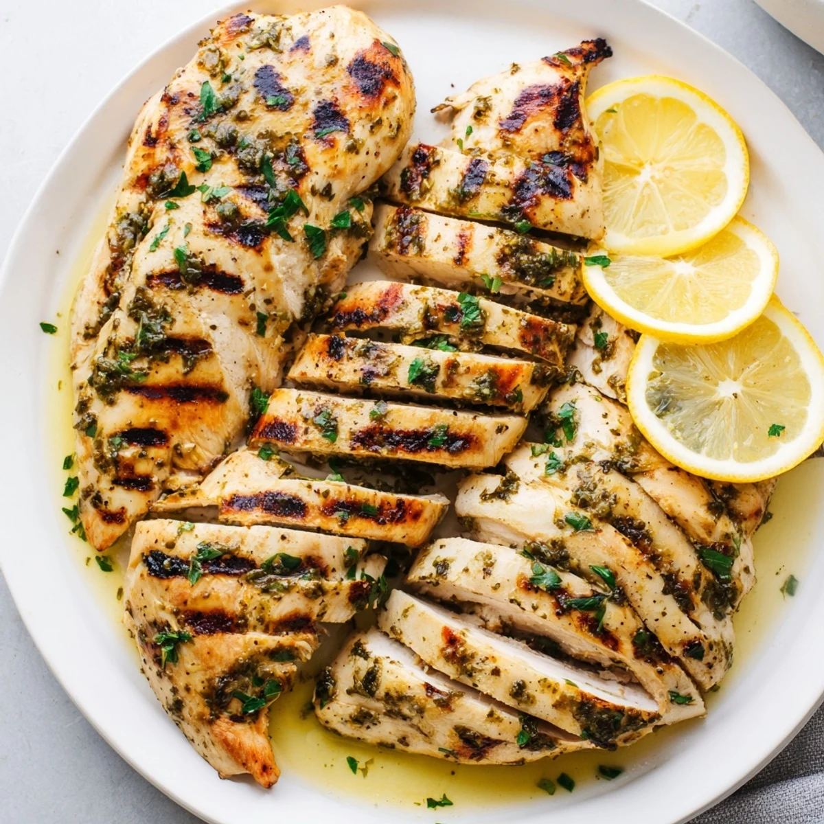 Vibrant image of perfectly grilled lemon herb chicken breast, seasoned with aromatic herbs, ready for a healthy meal.