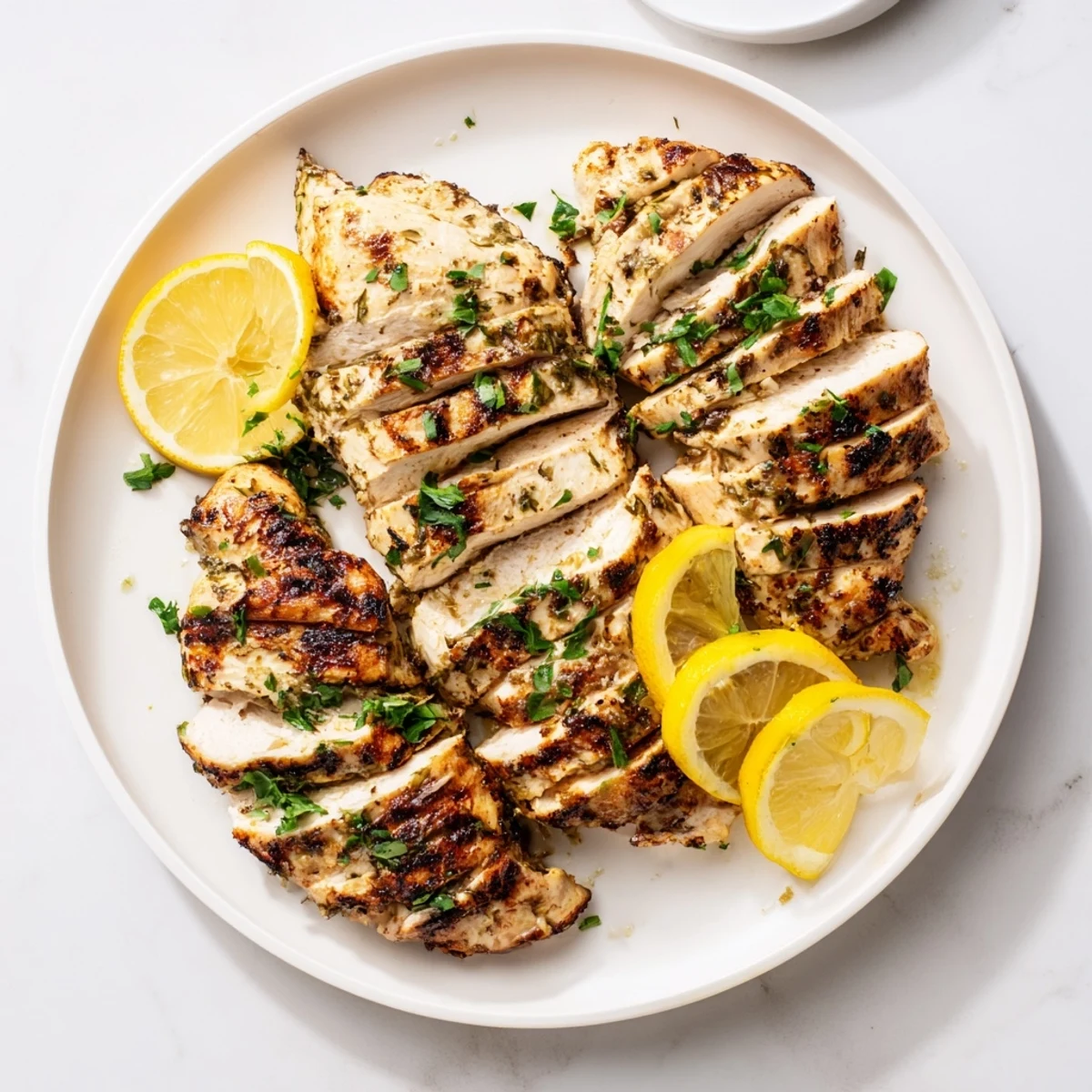 Succulent lemon-herb grilled chicken breast on a plate, garnished with lemon slices and parsley, a delicious meal option.