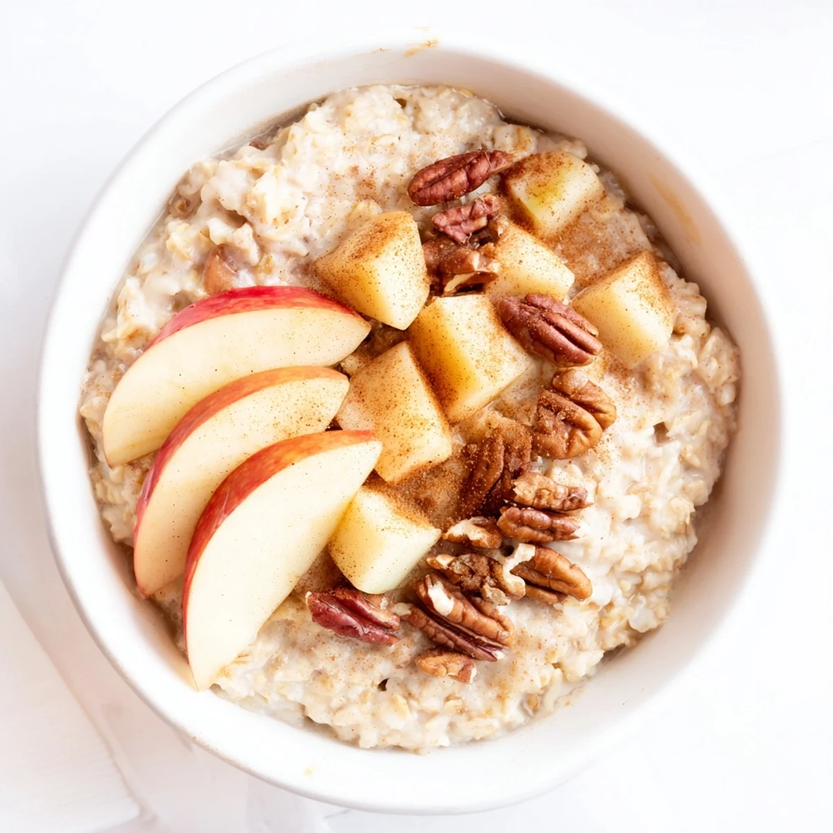 Steaming, warm apple cinnamon oatmeal topped with sweet apples and nuts, ready to eat.