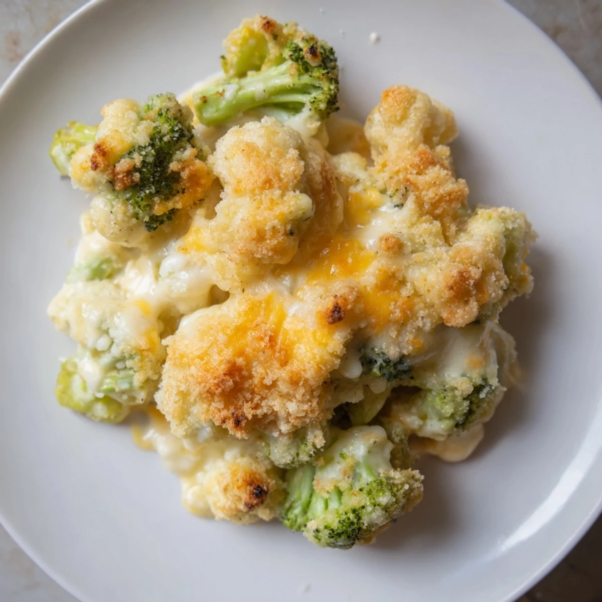 Cheesy Cauliflower and Broccoli Gratin with a golden, bubbly cheese topping and tender vegetables inside.