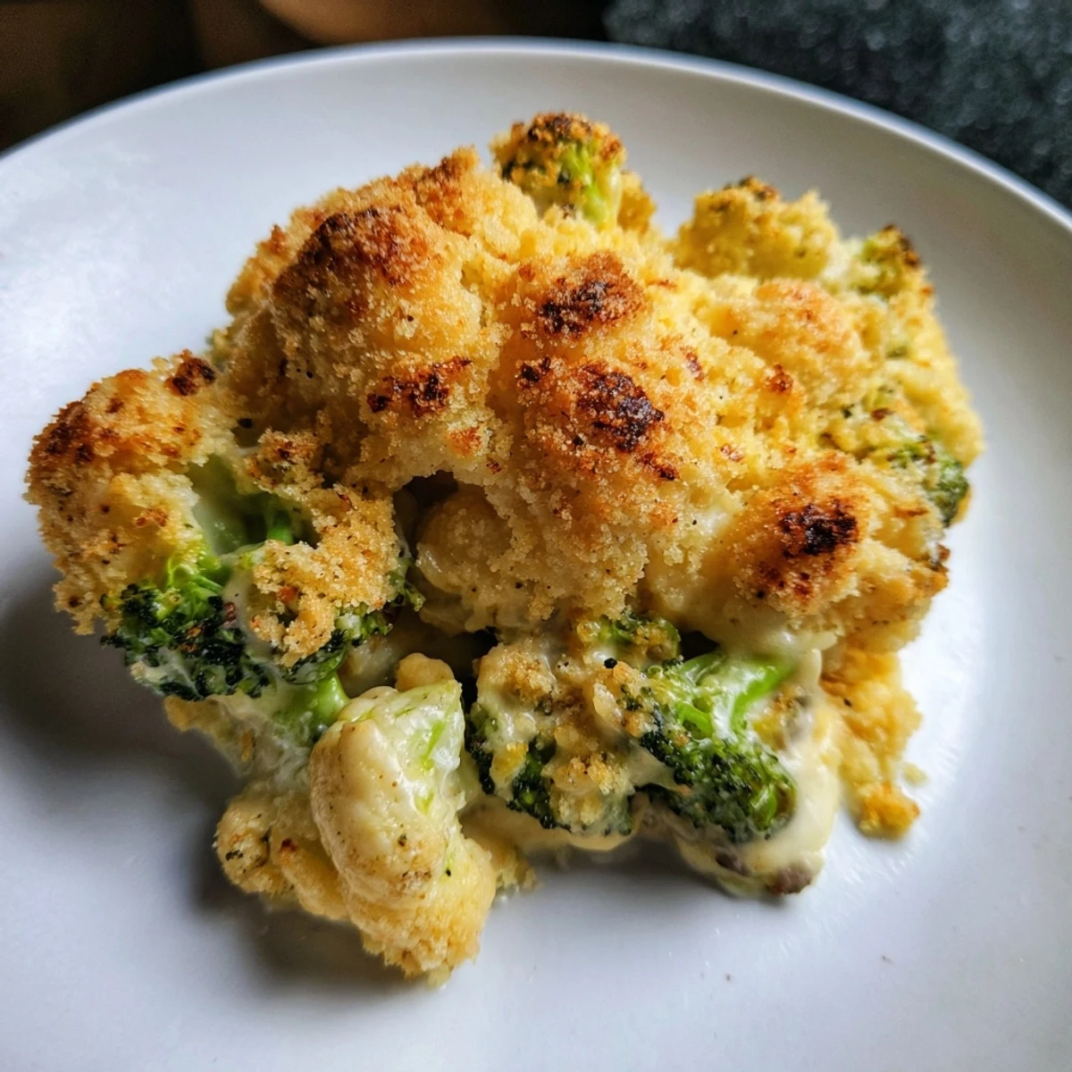Creamy homemade Cheesy Cauliflower and Broccoli Gratin, perfect as a side dish, ready to be served.