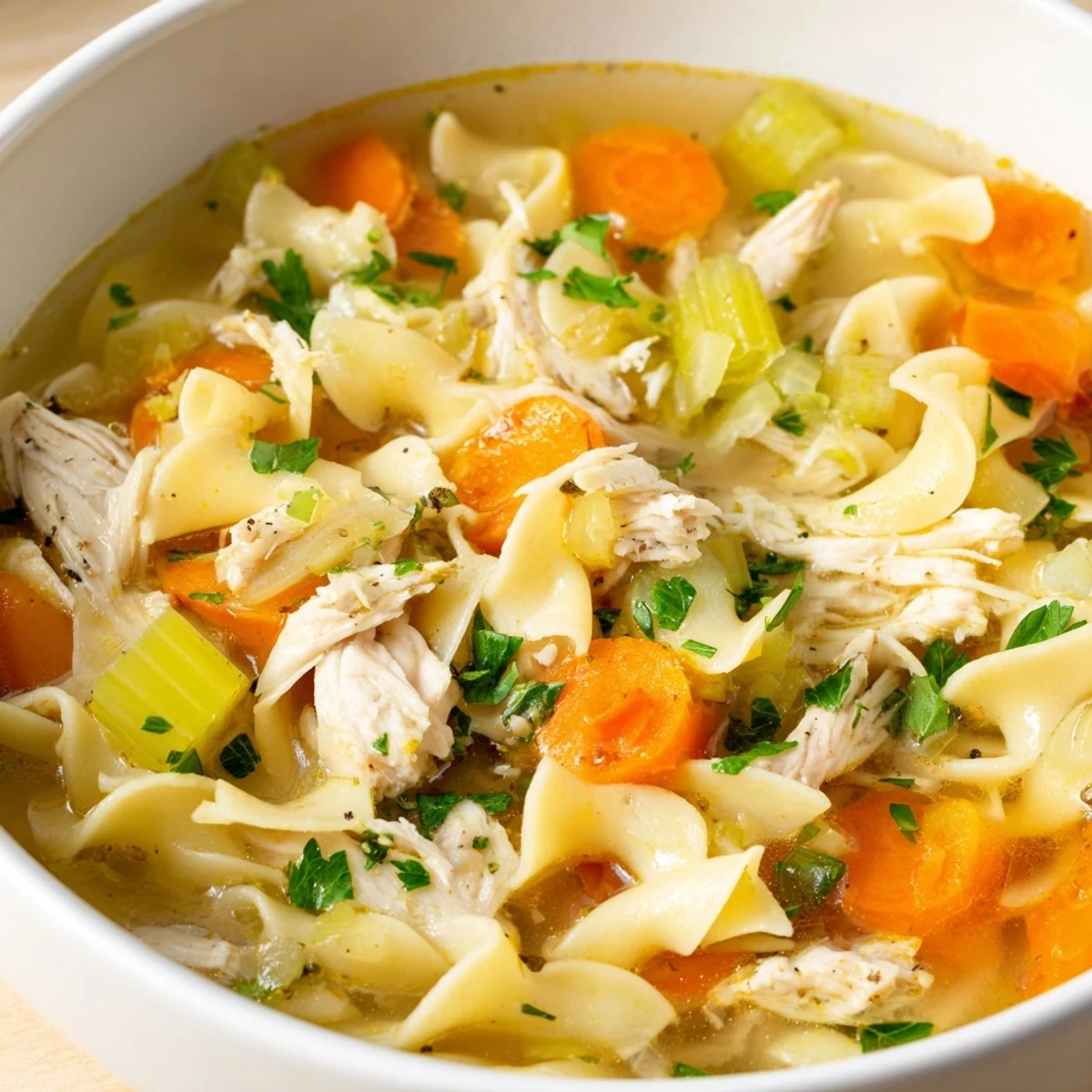 Steaming bowl of homemade chicken noodle soup filled with tender chicken and herbs, ready to serve.