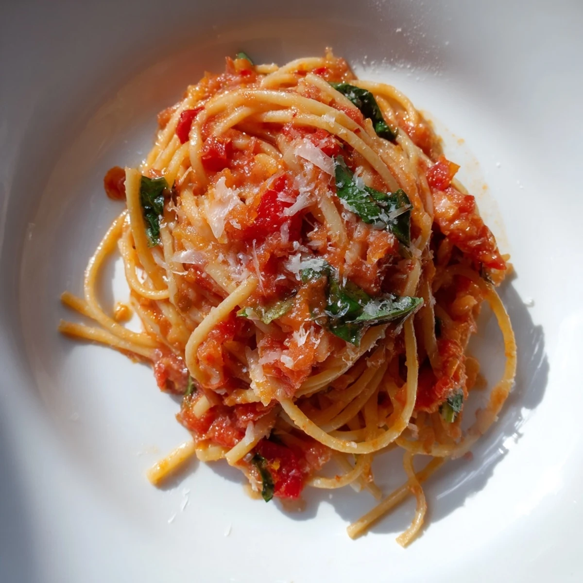Bright red Spicy Tomato and Basil Pasta, garnished with basil and Parmesan, ready to serve and enjoy.