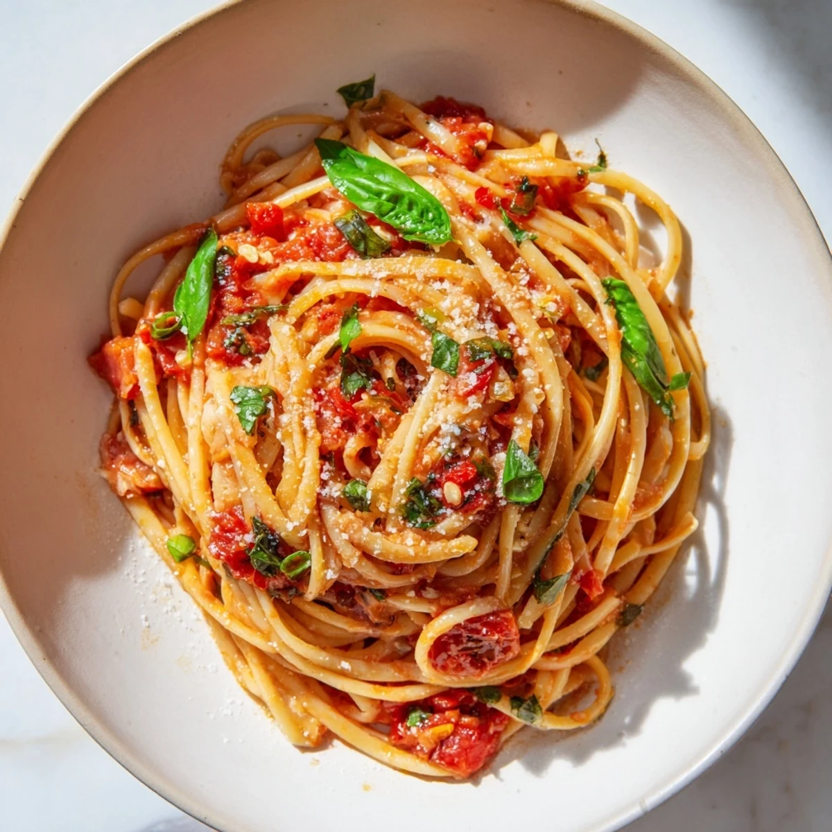 Steaming Spicy Tomato and Basil Pasta, a hearty main dish with vibrant tomato sauce and fresh basil.