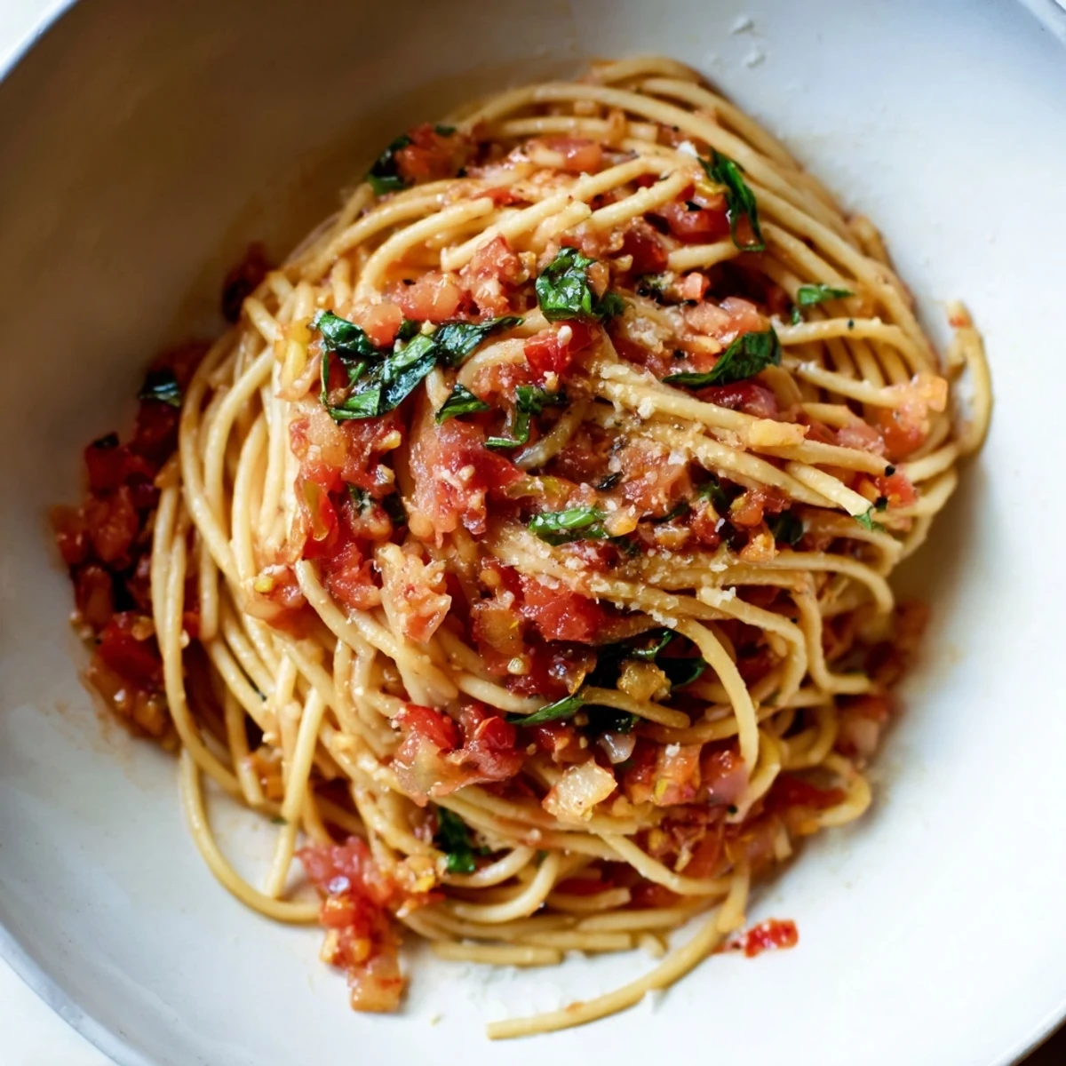 Close-up of freshly prepared Spicy Tomato and Basil Pasta, showcasing the rich tomato and basil flavors.