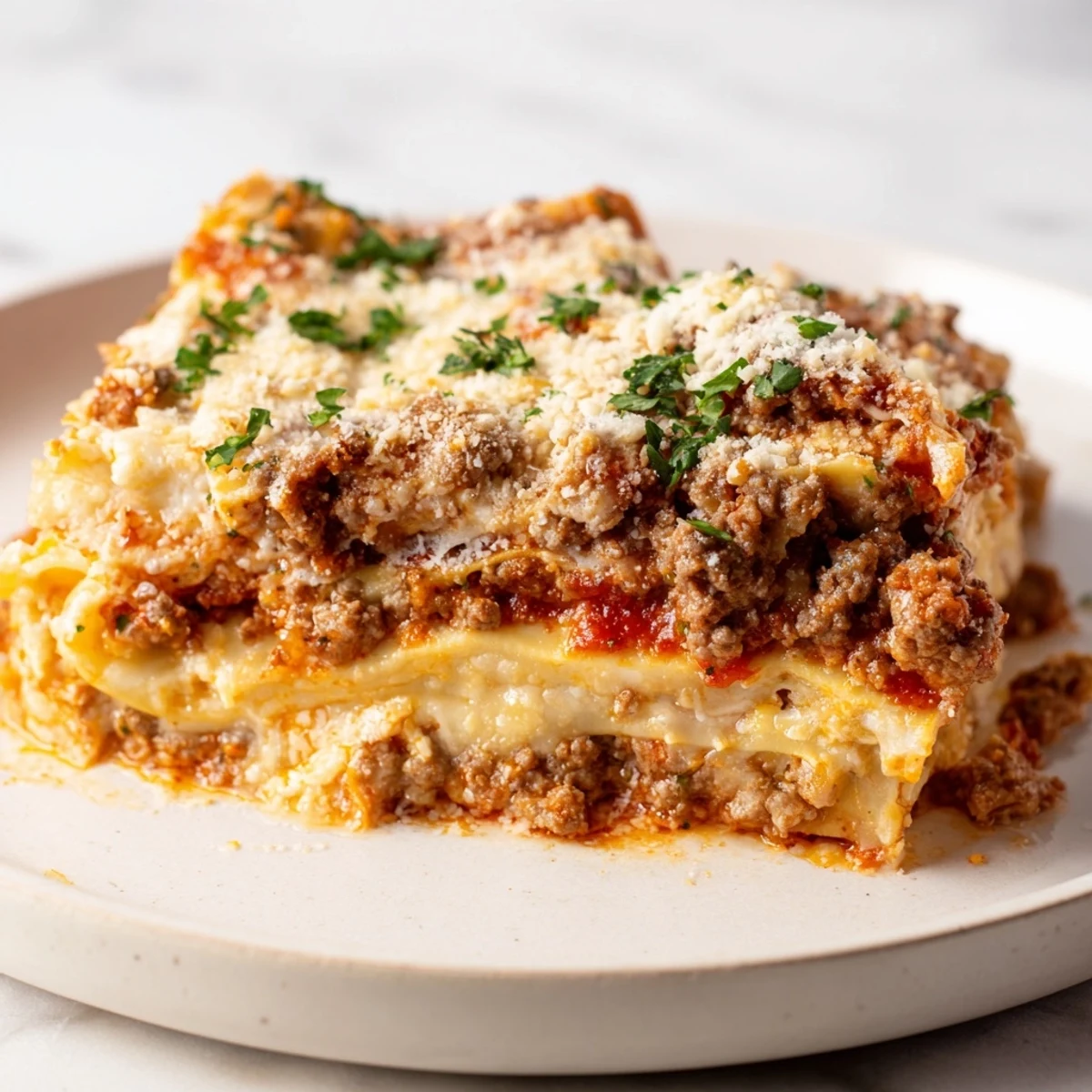 A close up of freshly baked Classic Beef Lasagna, showing layers of creamy ricotta and rich meat sauce.