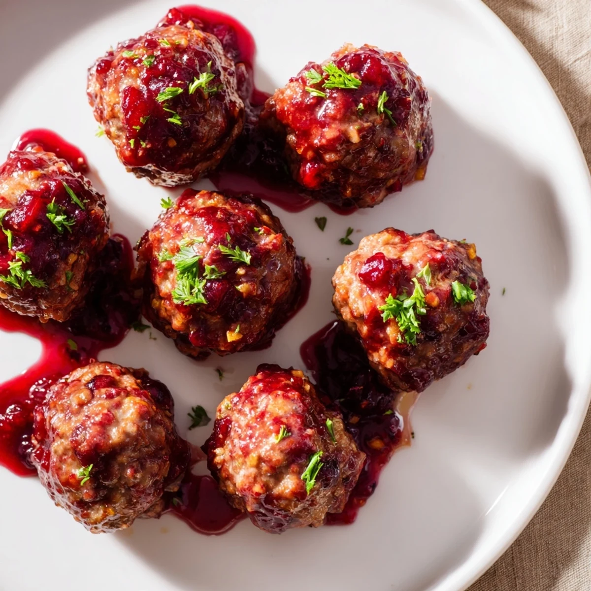 Glazed Turkey Meatballs, glistening with cranberry sauce, ready for serving: a festive, flavorful meal.