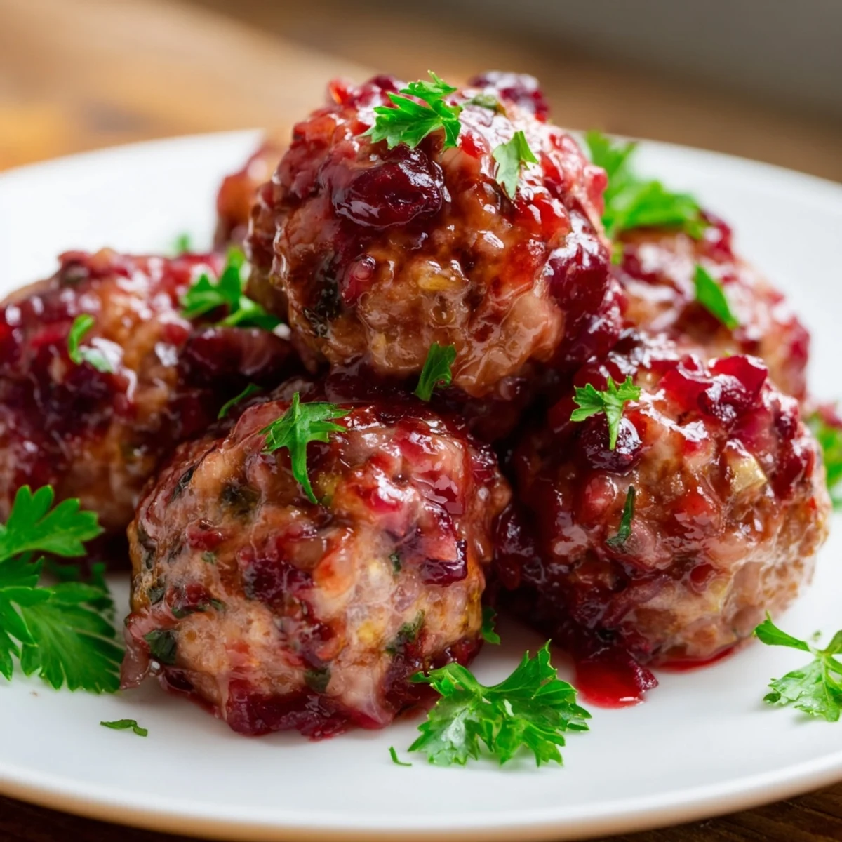 Tender Glazed Turkey Meatballs, showcasing a vibrant cranberry glaze in a warm, inviting dish.