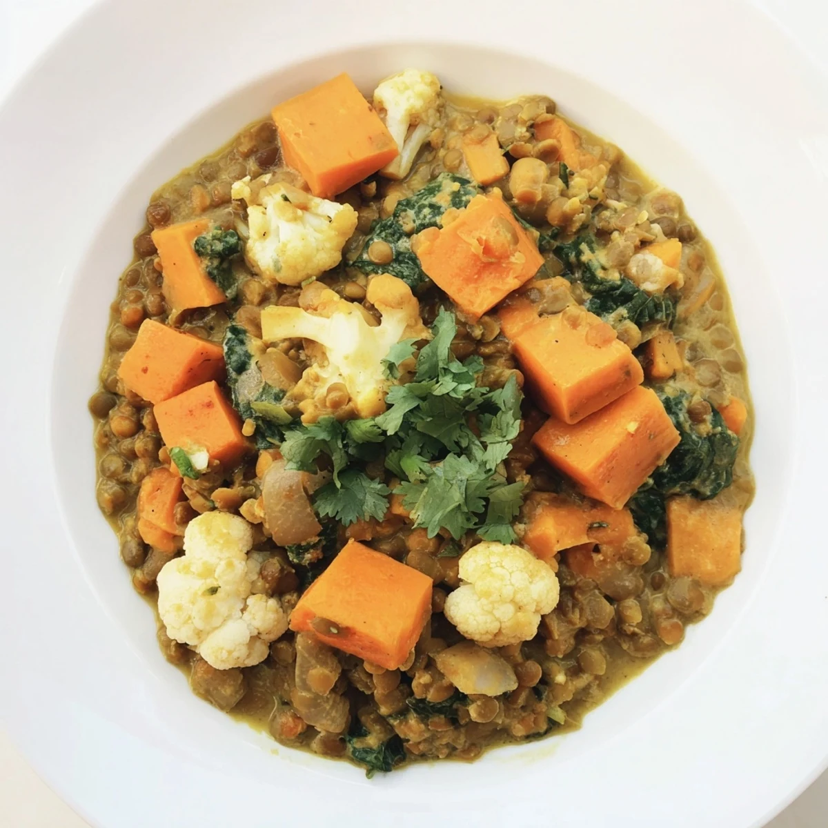 Winter Vegetable and Lentil Curry, with vibrant vegetables and creamy coconut milk, ready to serve.