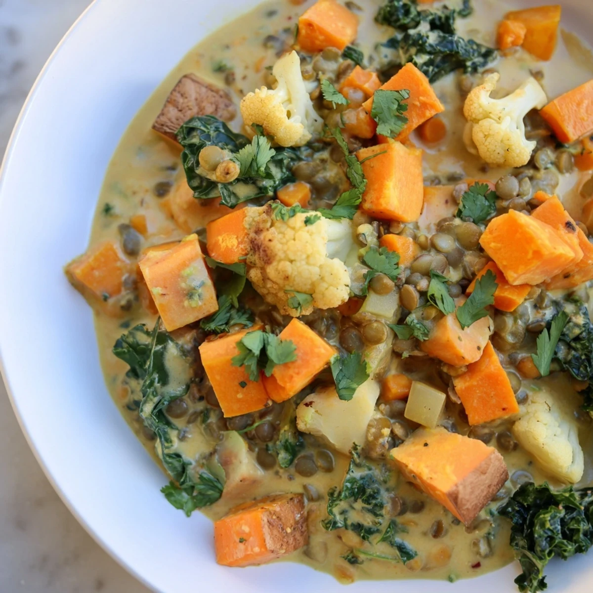 A steaming bowl of Winter Vegetable and Lentil Curry, rich with fragrant spices and hearty lentils.