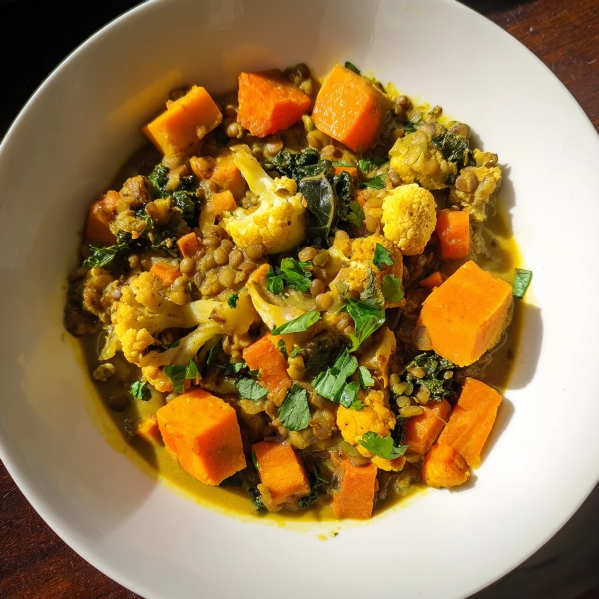Garnished cilantro tops this flavorful Winter Vegetable and Lentil Curry, a warm comforting dish.
