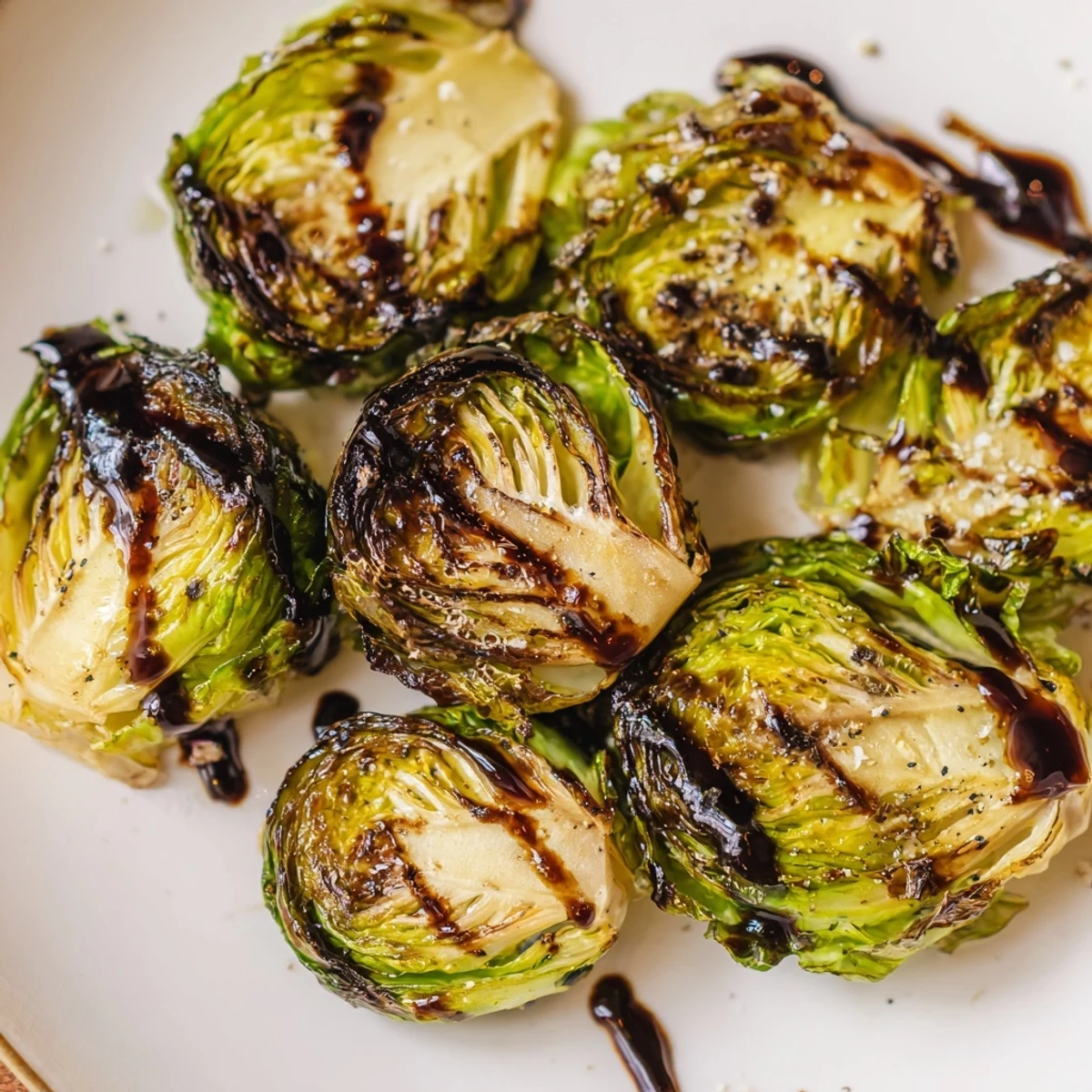 A close-up of roasted Brussels sprouts, the balsamic glaze glistening, ready for a flavorful bite.