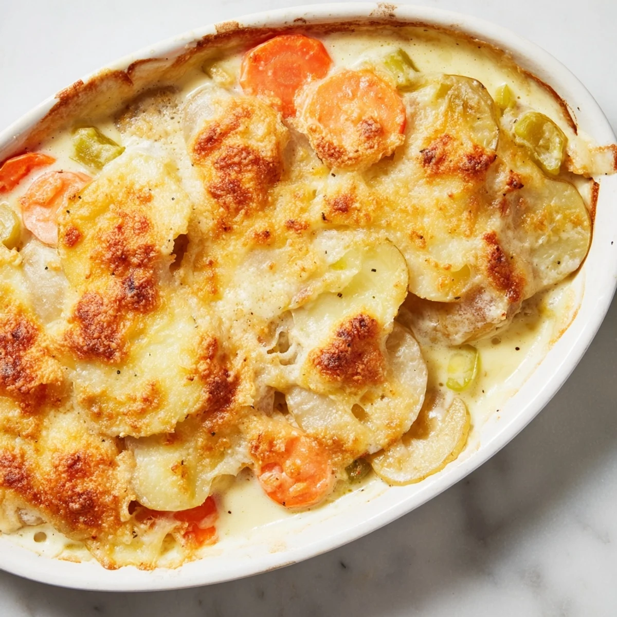 Golden, bubbly Winter Vegetable Gratin, a comforting baked dish with a crisp, crunchy topping.