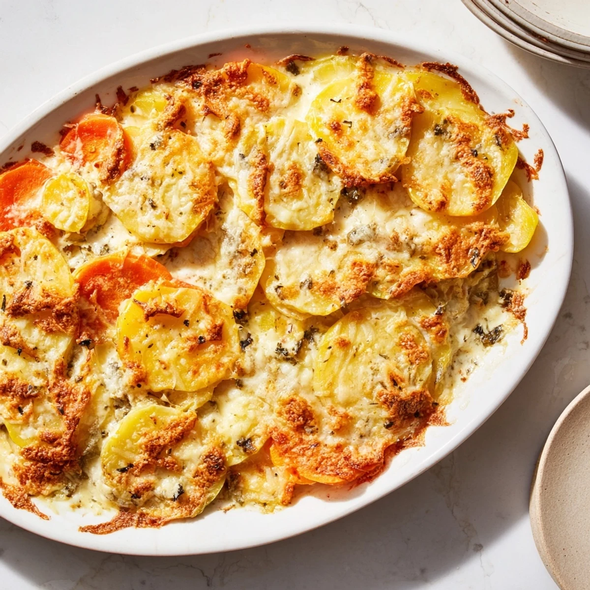 A close-up of a bubbling Winter Vegetable Gratin, perfectly layered with cheese and creamy sauce.