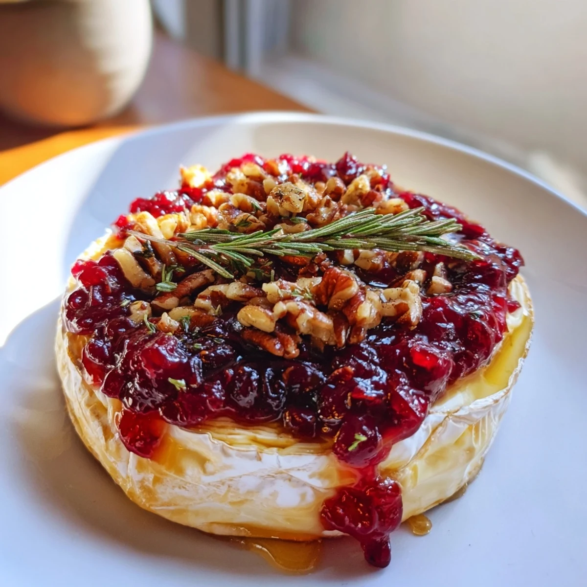 Gooey melted Baked Brie with cranberry jam, served alongside crackers, ready to enjoy.