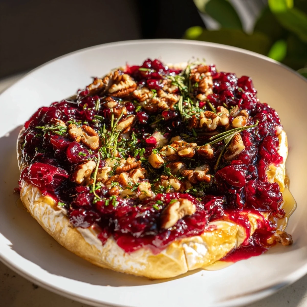 Warm, creamy Baked Brie, topped with sweet cranberry jam and chopped pecans—a delicious appetizer.