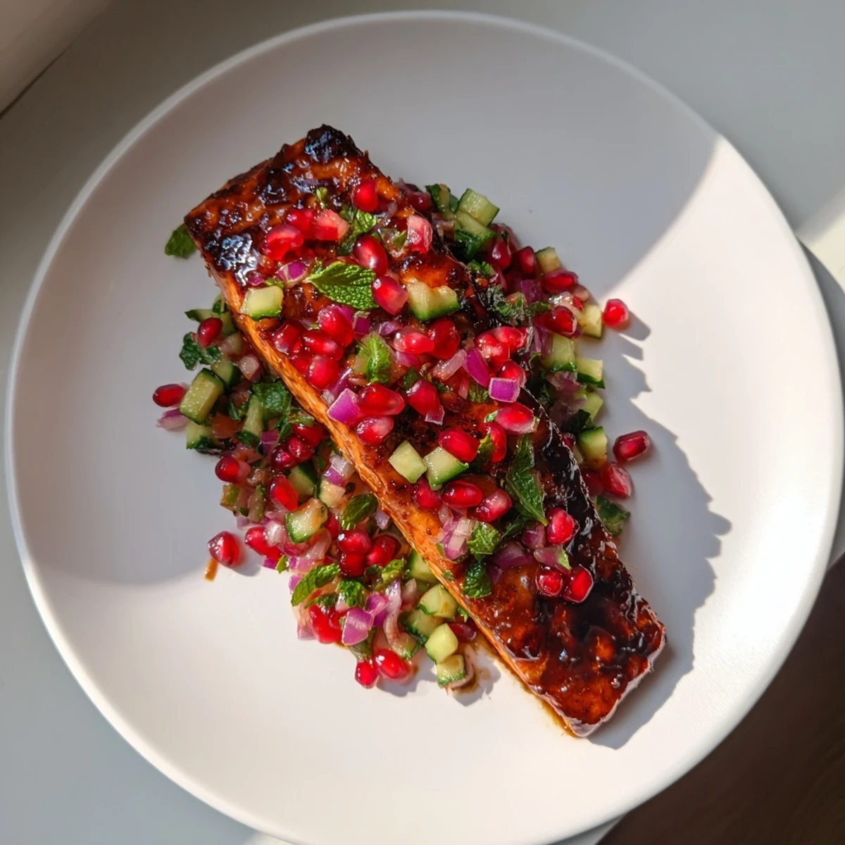 Golden glazed salmon glistening under a layer of vibrant pomegranate salsa, ready to serve and enjoy.